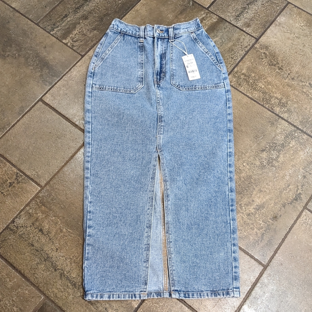 Y2K Denim Maxi School Girl Casual Fall Feminine Skirt Front Slit Size XS Blue